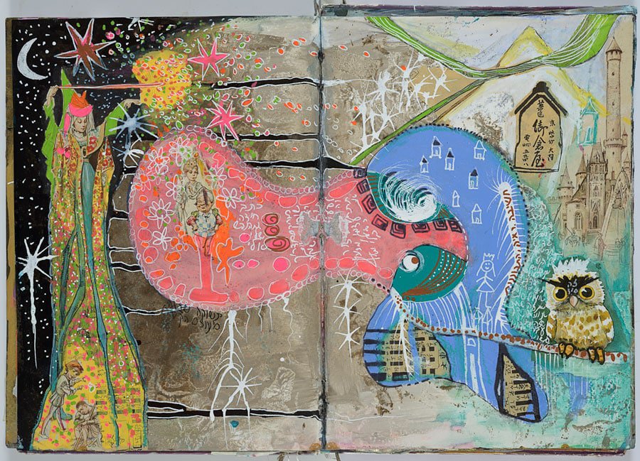 A visual journal spread with a crescent moon and stars, a pink cloud shape, a blue creature with small houses on it and an owl on a branch