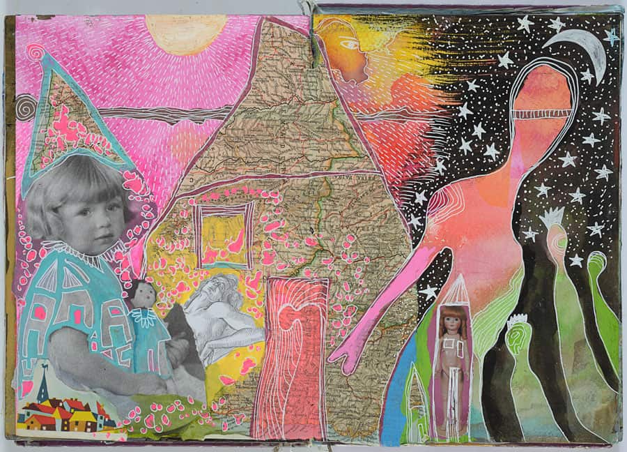 A SoulPages spread with a collaged child, a house and a night sky