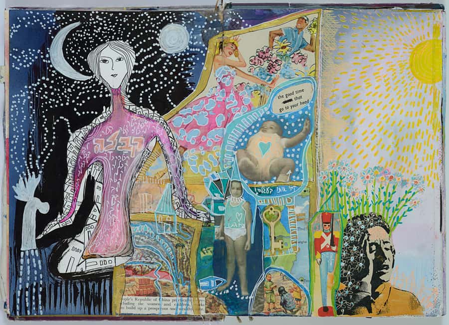 A visual journal spread with a crescent moon, a tall pink figure, a collaged baby and a girl in a swimsuit, and a yellow sun on the right