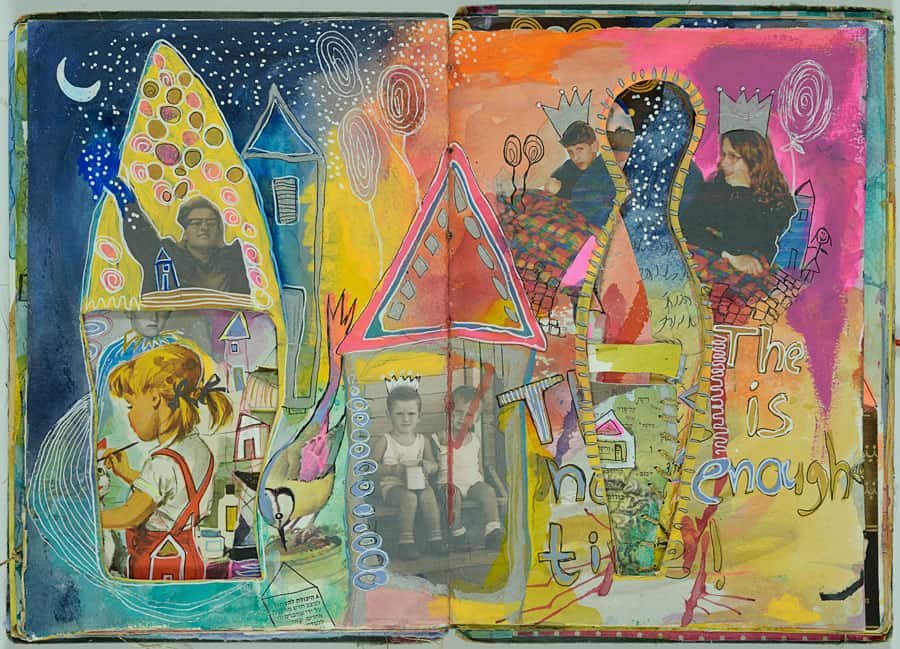 A visual journal spread with old photographs set inside painted houses, small crowns, a crescent moon and the words "there is enough time" on the right-hand page