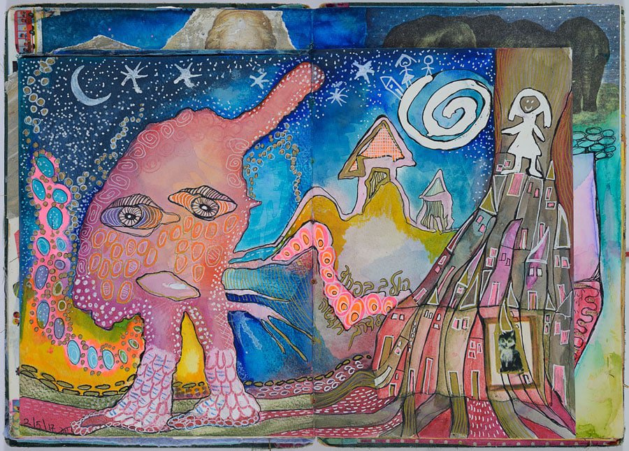 A visual journal spread with a large pink figure with wide eyes, a small girl standing on a tree made of houses, and a spiral moon in a night sky