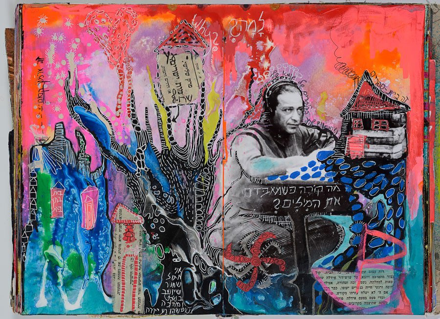 A journal spread on an orange and pink background: a cut-out photograph of a man seated at a table, painted blue dots running from his hands, drawn houses and Hebrew handwriting