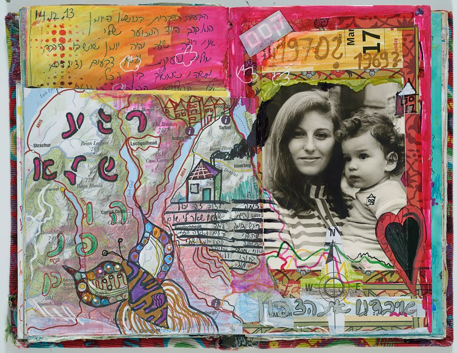 A visual journal spread built on a road map, with an old black-and-white photograph, a small drawn house, a snail filled with patterns, a red heart and handwriting over bright pink and orange paint