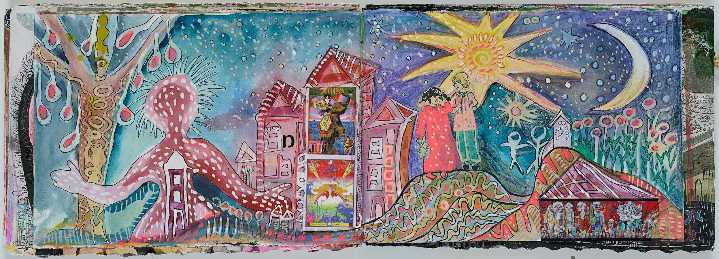 A wide visual journal spread: a pink dotted figure beside a tree, painted houses, two girls standing on a patterned hill, a large yellow sun and a crescent moon in a starry blue sky