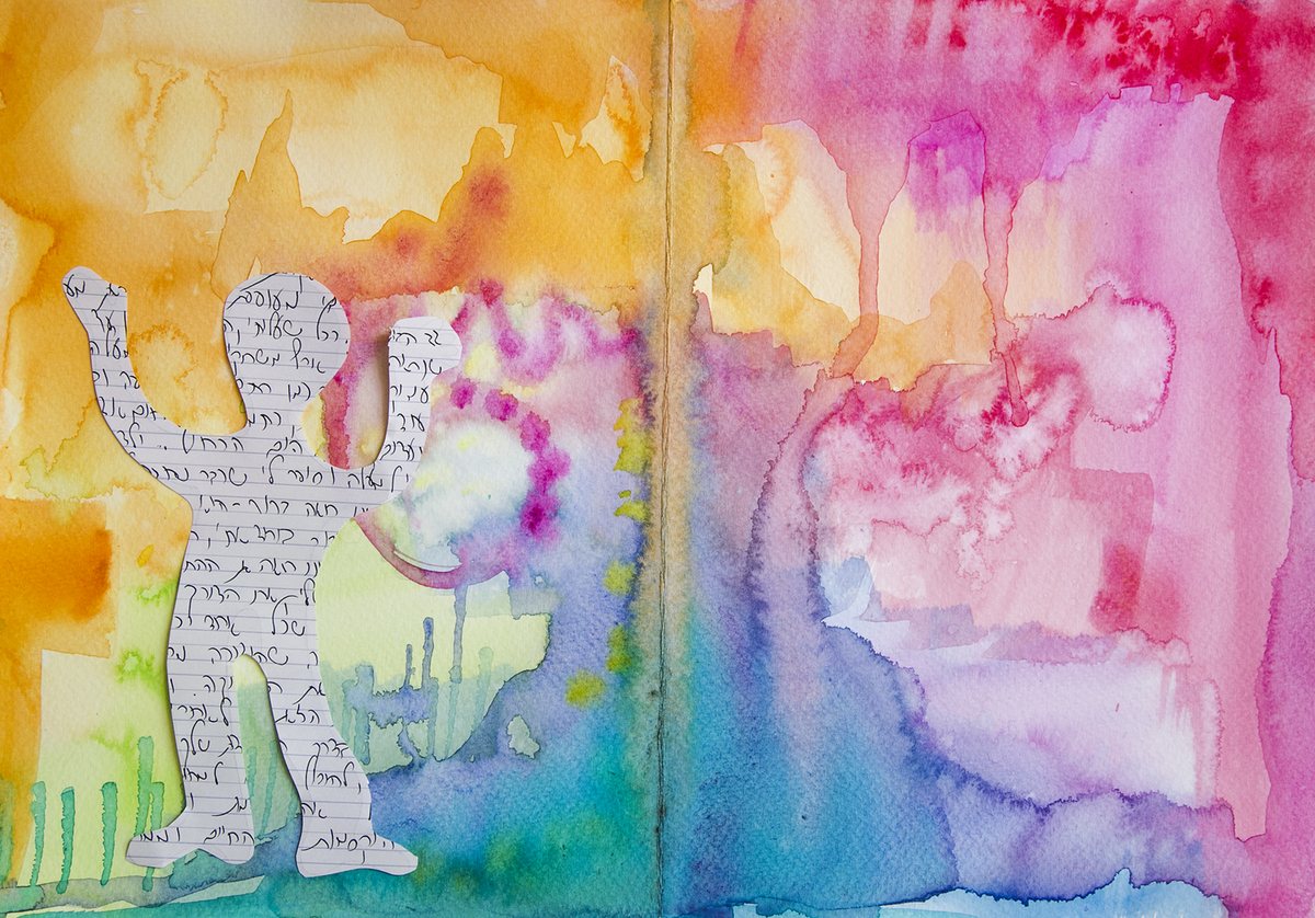 A soul page spread, a watercolour ground with a figure cut from handwriting