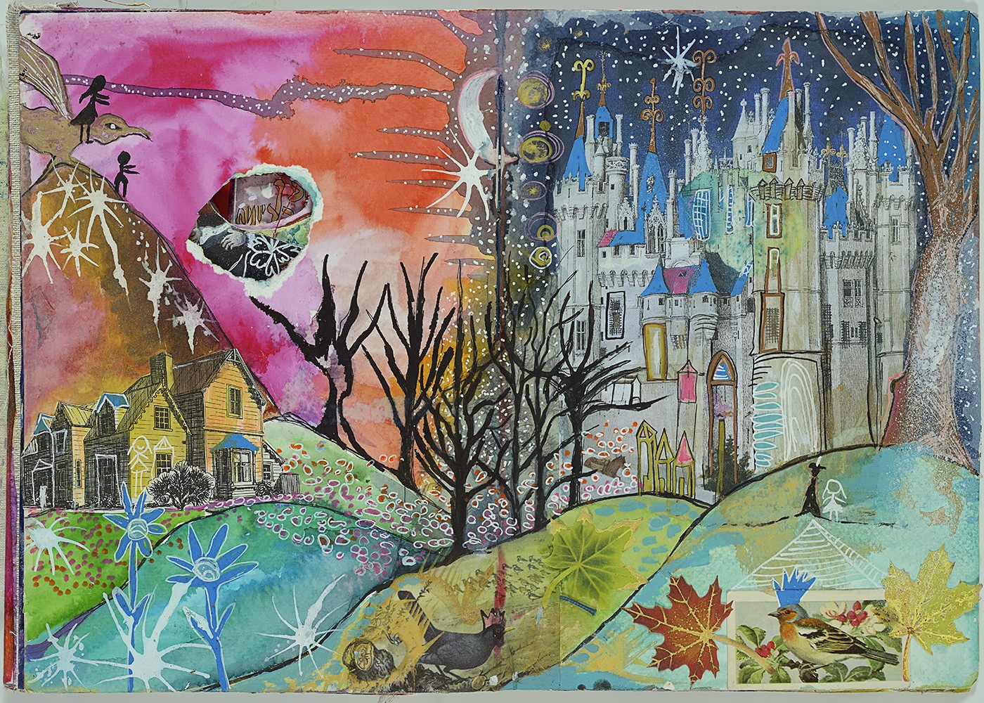 A visual journal spread with a painted castle, bare trees and a night sky